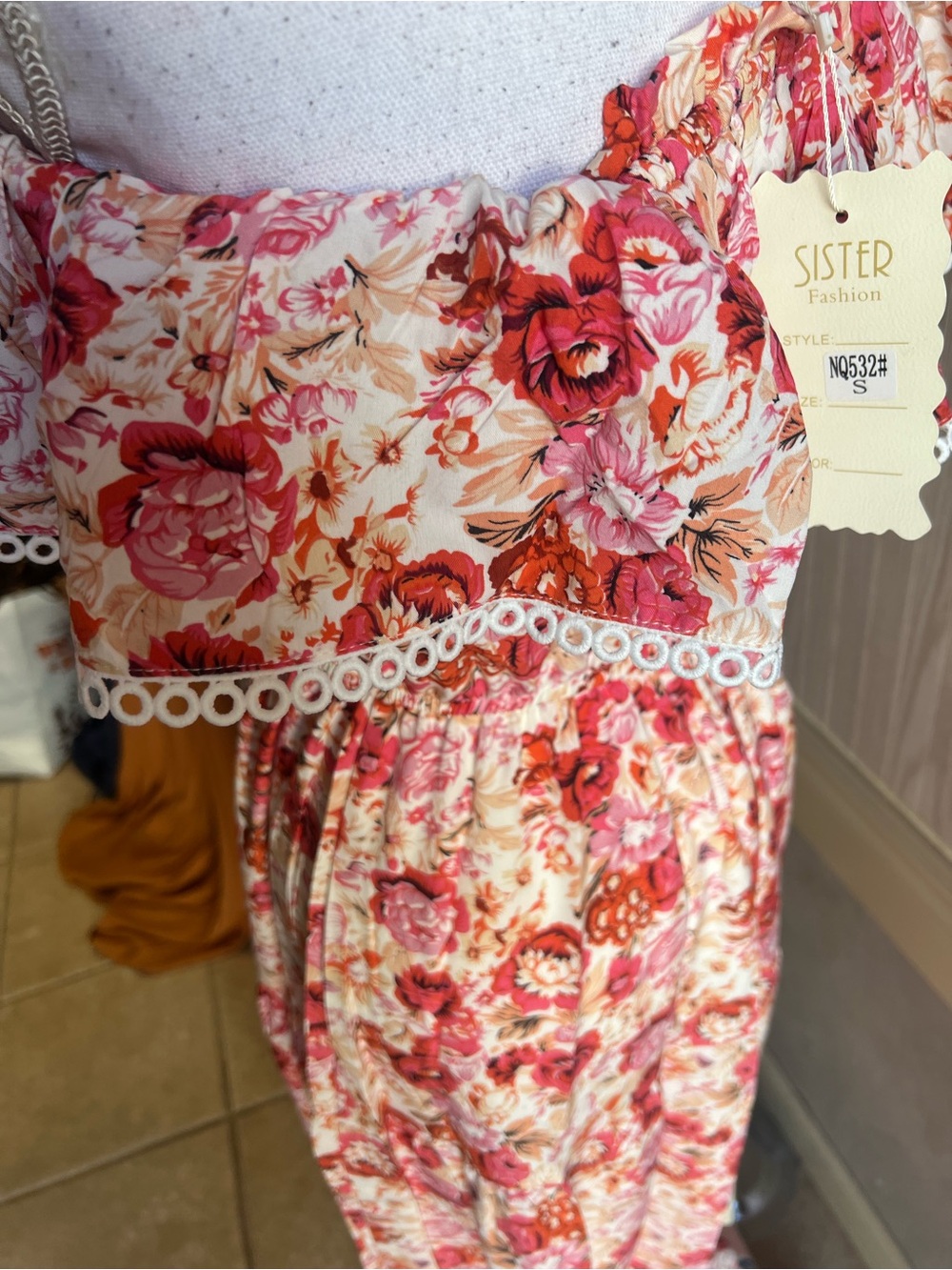Off-Shoulder Floral Maxi Dress in Coral Pink Print - Picture 5 of 9